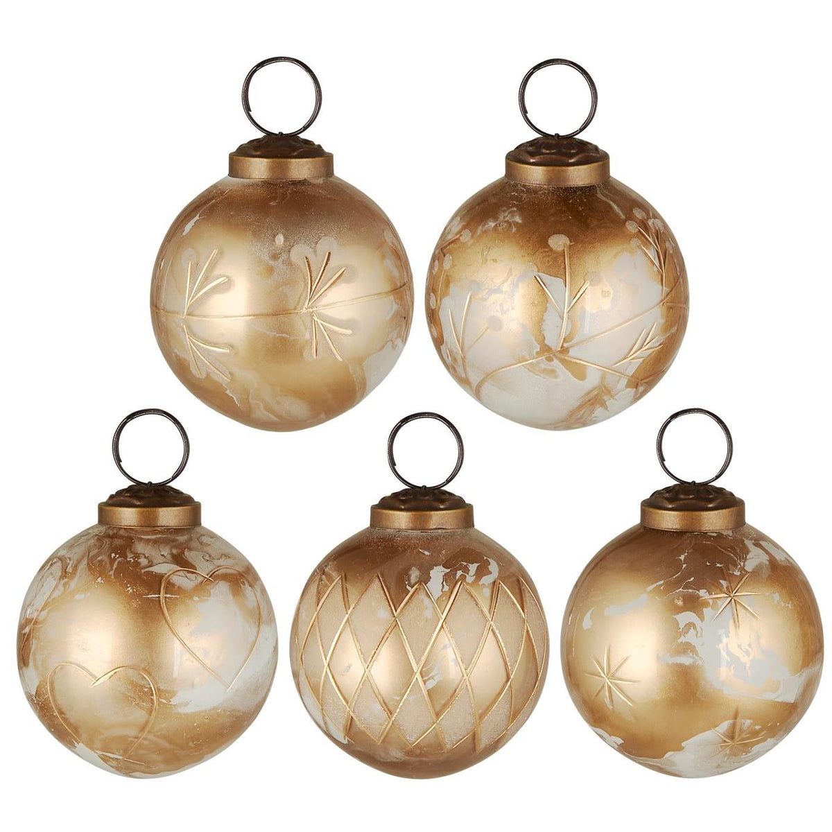 Kerstballen medium wit/messing look 5 stuks