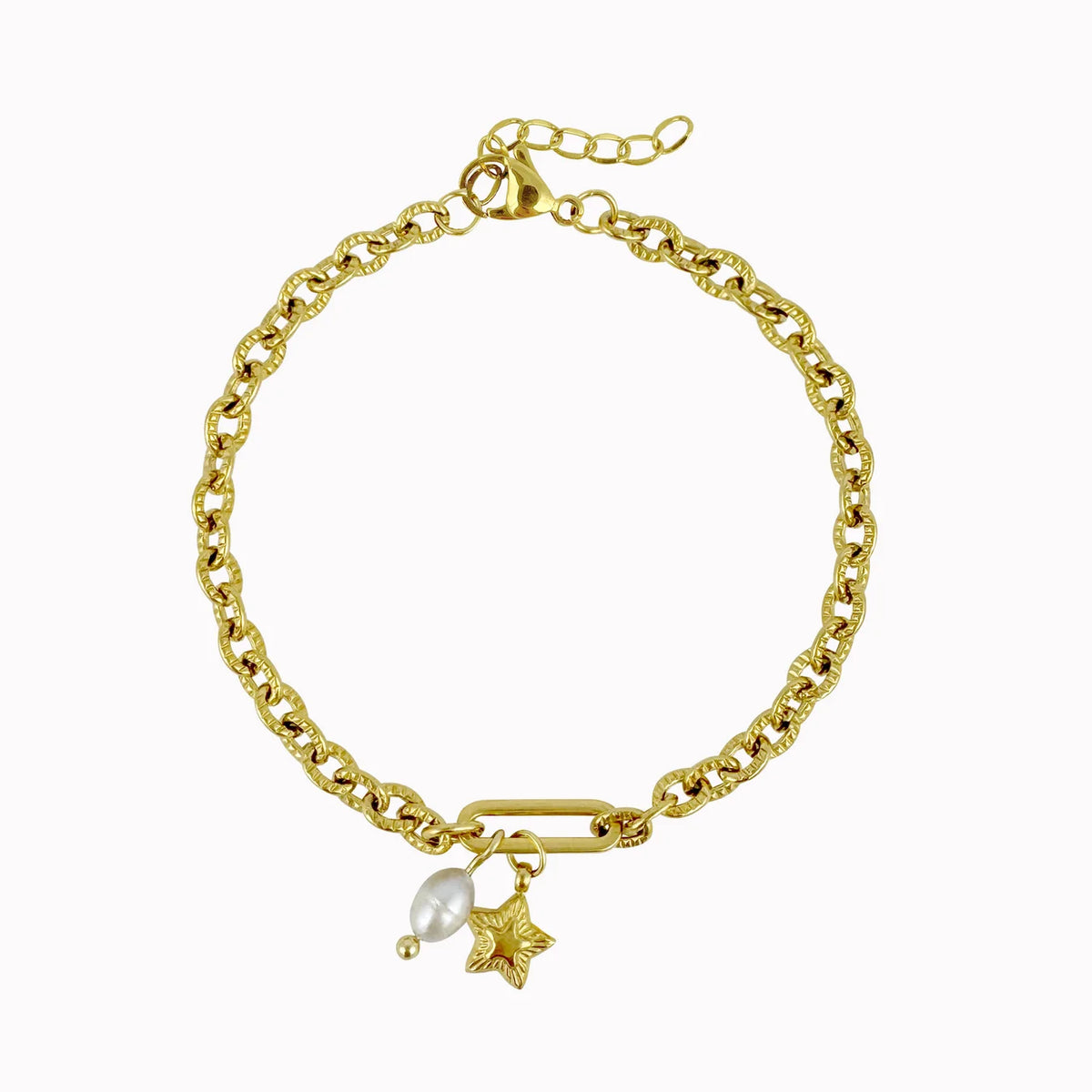 Schakelarmband parel & sterretje goudkleurig